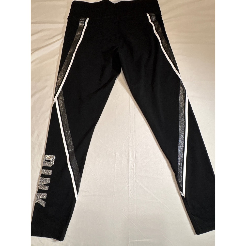 Victoria's Secret PINK Yoga Leggings Black Silver Sequin Metallic Logo Large